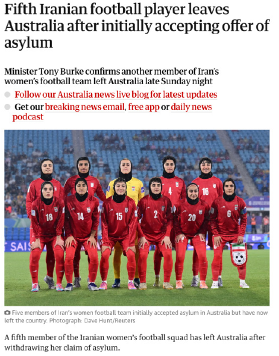 开云体育下载-已有5人反悔 伊朗女足队长放弃庇护+深夜回国 外媒：她的家人失踪